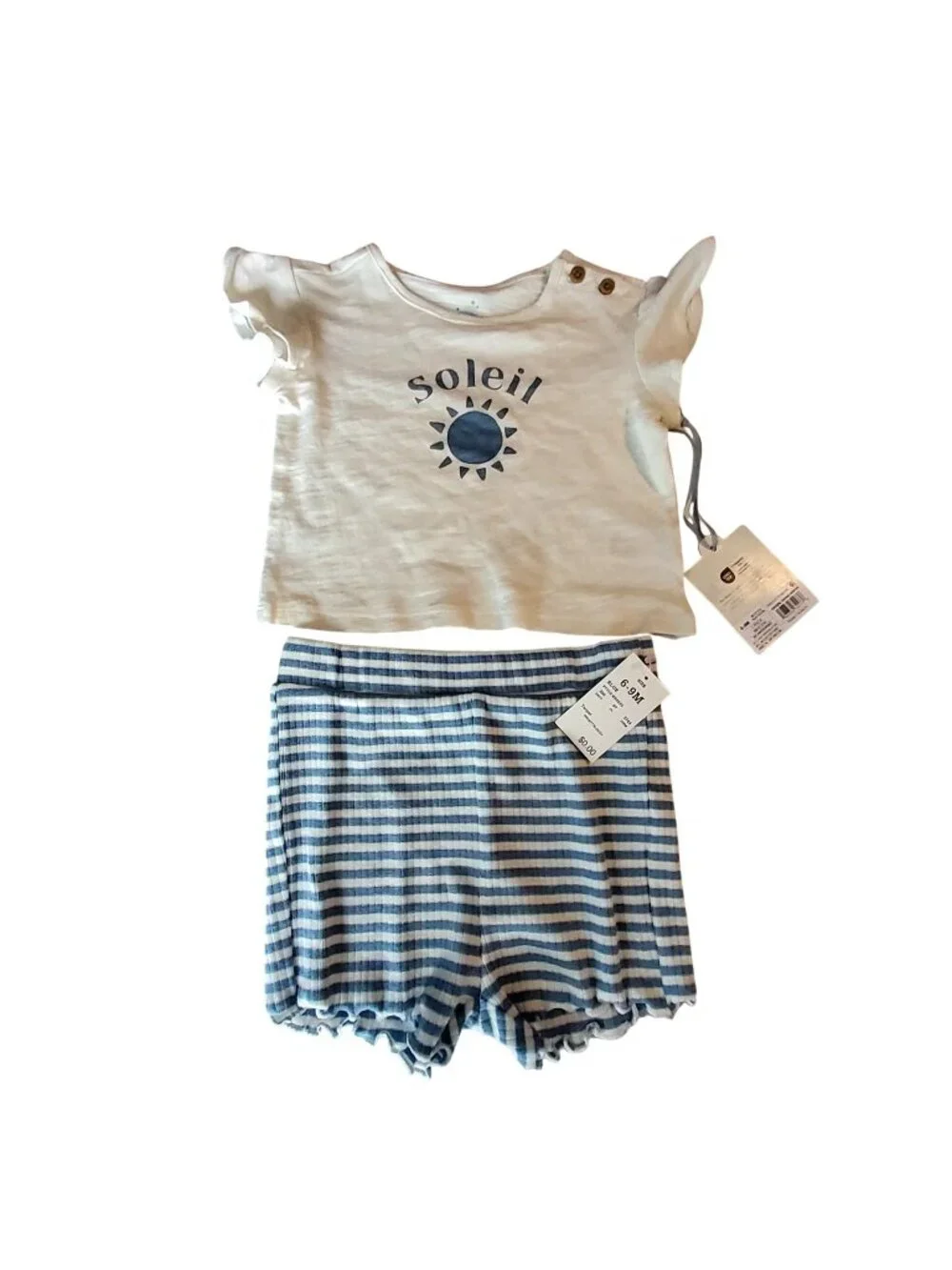Cloud Island Baby 2-Piece Set In Cream & Blue Stripes Size 6-9Months Lightweight